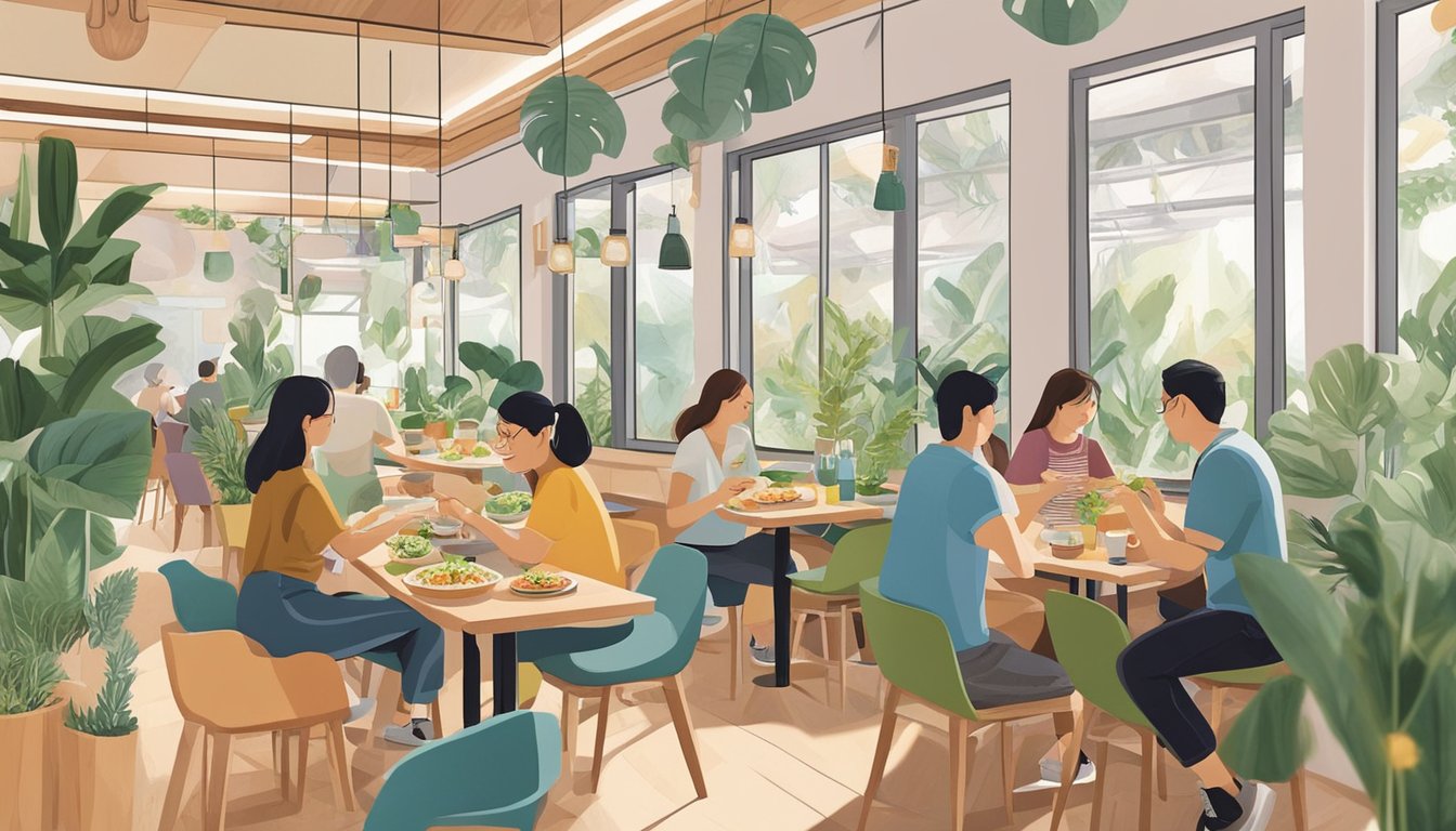 Customers enjoying a variety of plant-based dishes in a cozy, well-lit vegetarian eatery in Jurong East. The menu features colorful salads, hearty grain bowls, and freshly squeezed juices