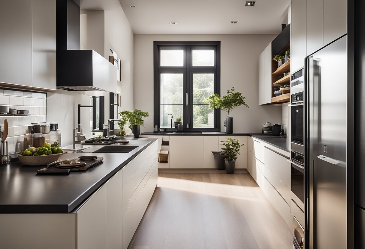 A spacious kitchen with sleek countertops, state-of-the-art appliances, and ample storage. Natural light floods the room, highlighting the modern design and inviting ambiance