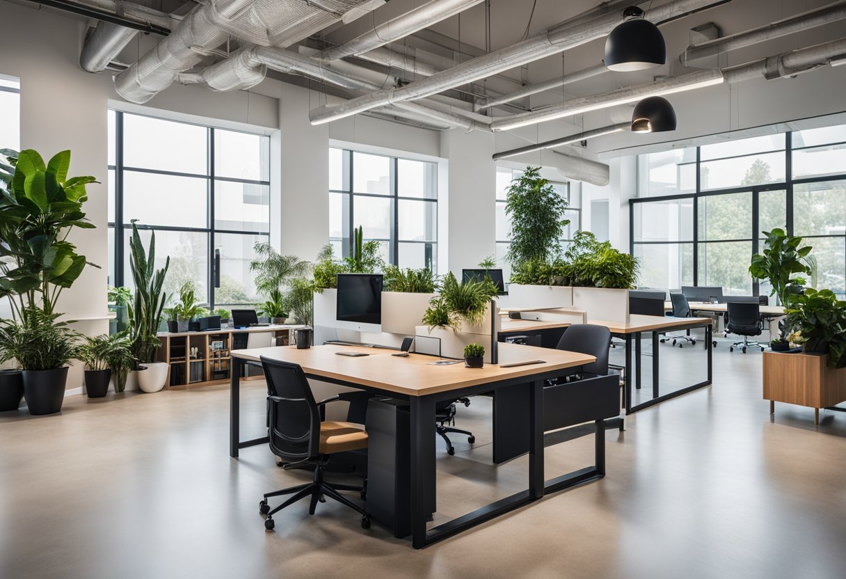 A modern office with sleek furniture, open floor plan, and abundant natural light. Plants and art adorn the space, creating a vibrant and welcoming atmosphere
