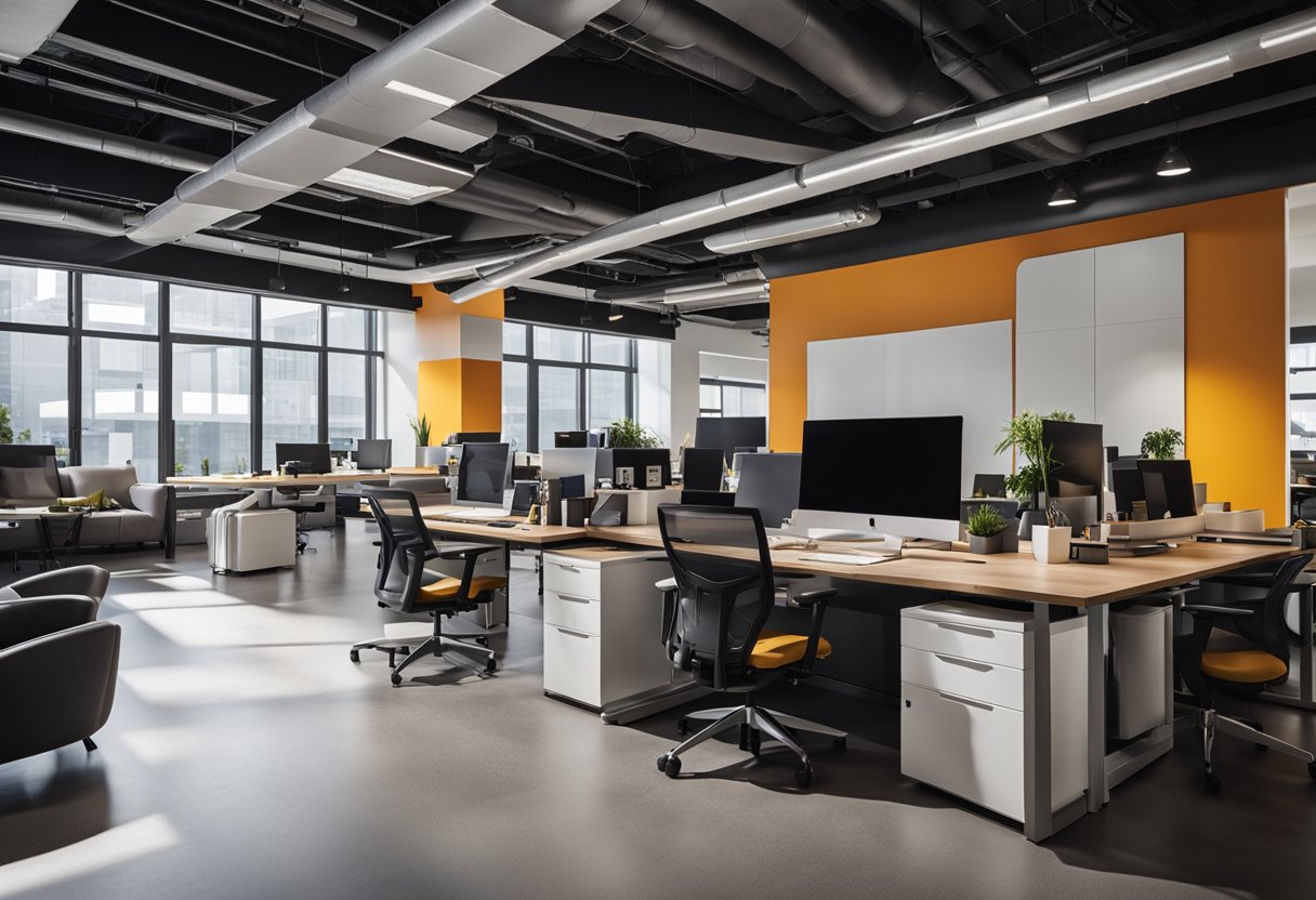 A modern open-concept office with sleek furniture, vibrant accent walls, and plenty of natural light. Varied workstations and collaborative areas promote creativity and productivity