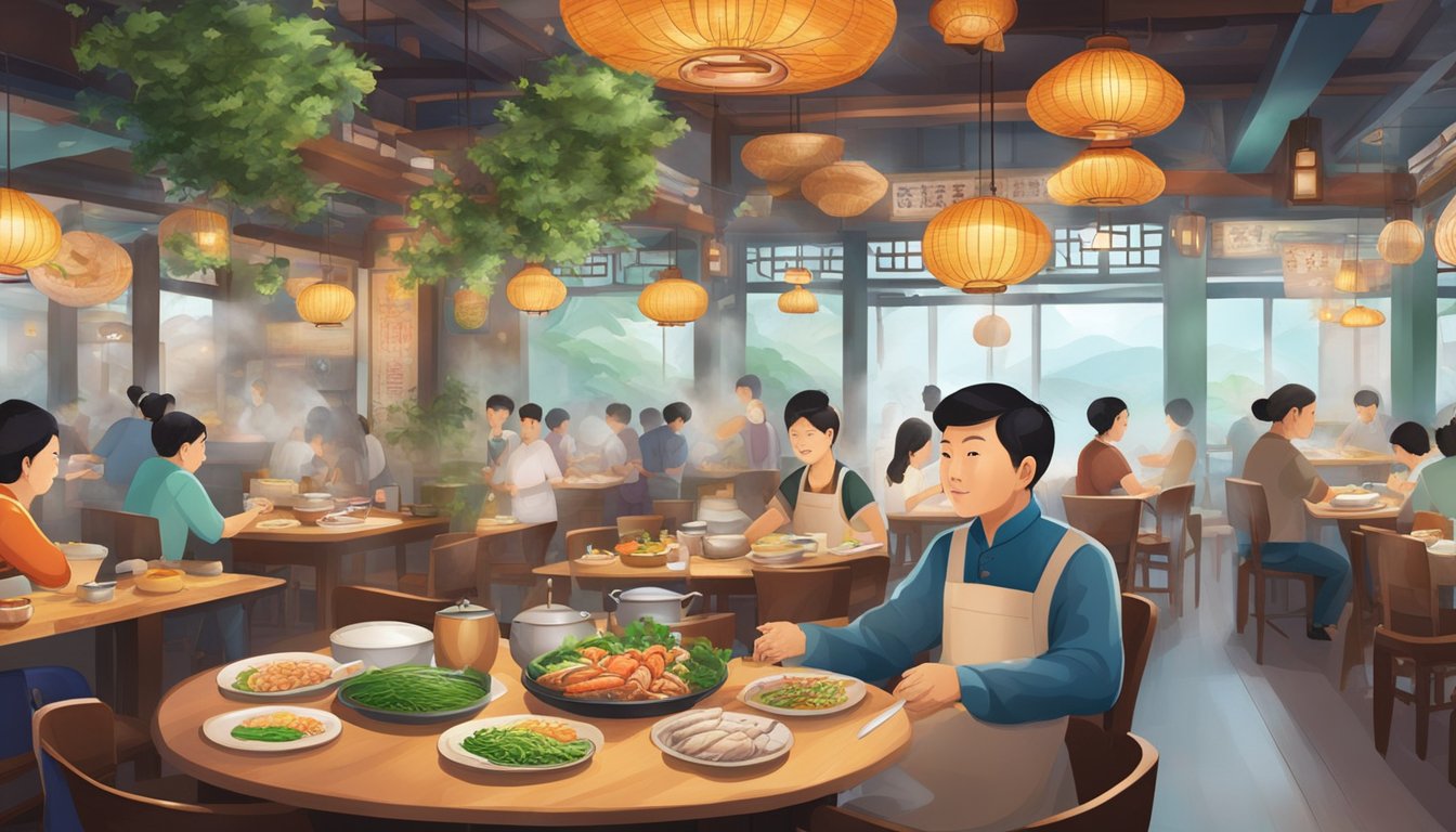A bustling Teochew cuisine restaurant with steaming hotpots and colorful dishes on every table. The aroma of fresh seafood and herbs fills the air
