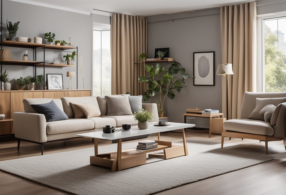 A small living room with smart layout, featuring multi-functional furniture, built-in storage, and neutral color palette