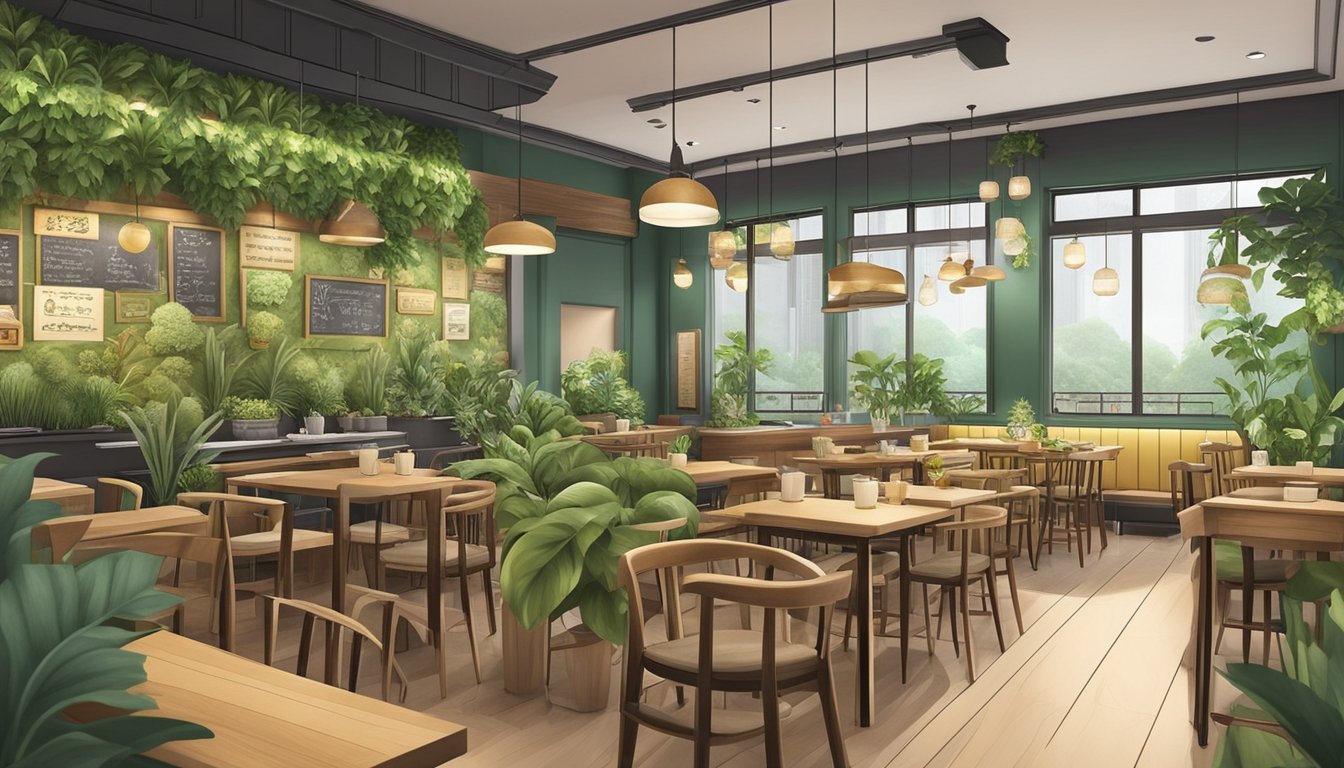 A cozy vegetarian restaurant in Jurong East, with warm lighting and a welcoming atmosphere. Green plants adorn the walls, and a chalkboard menu displays a variety of healthy and delicious dishes