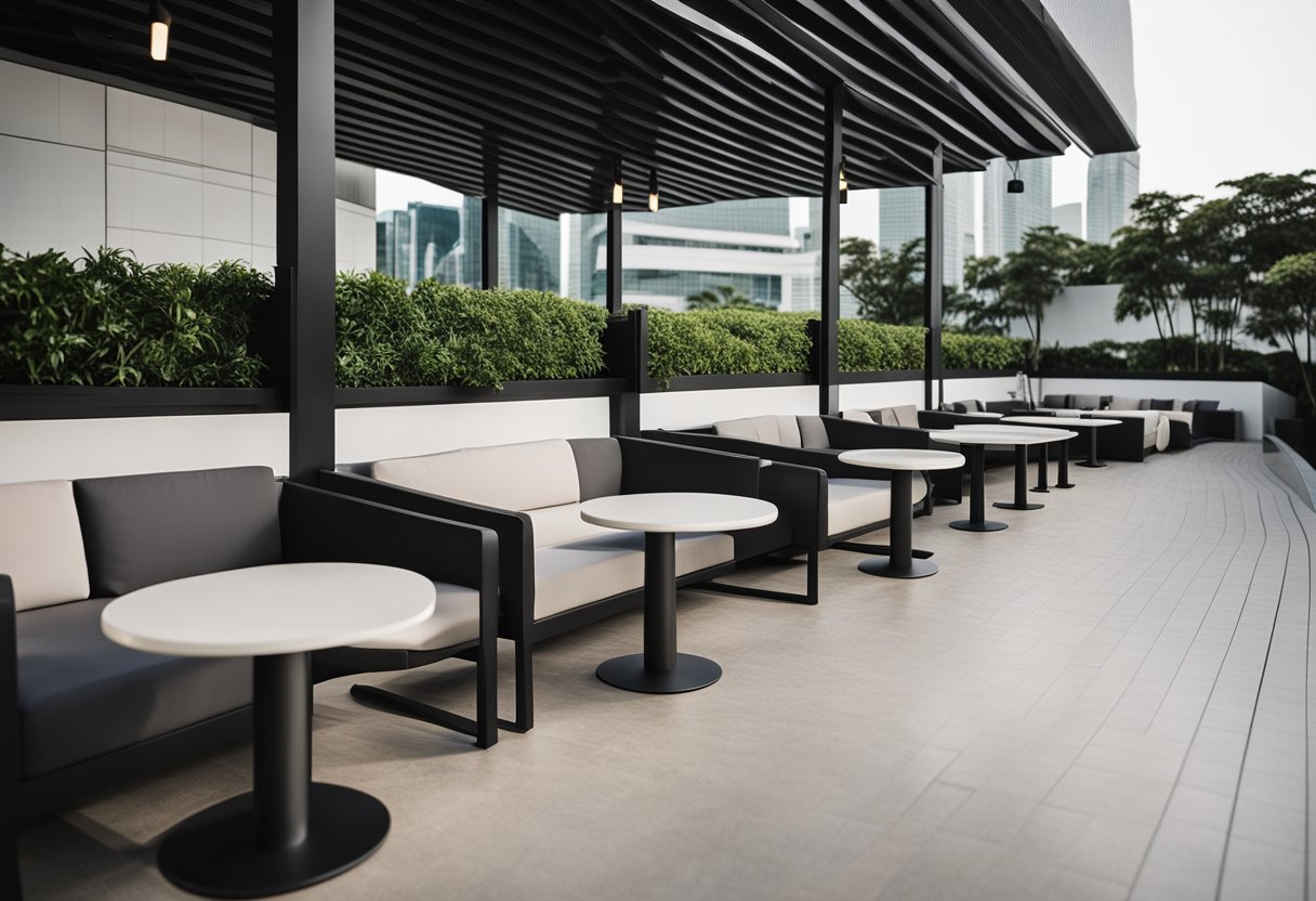 A sleek, minimalist outdoor seating area in Singapore, featuring clean lines, neutral colors, and comfortable cushions