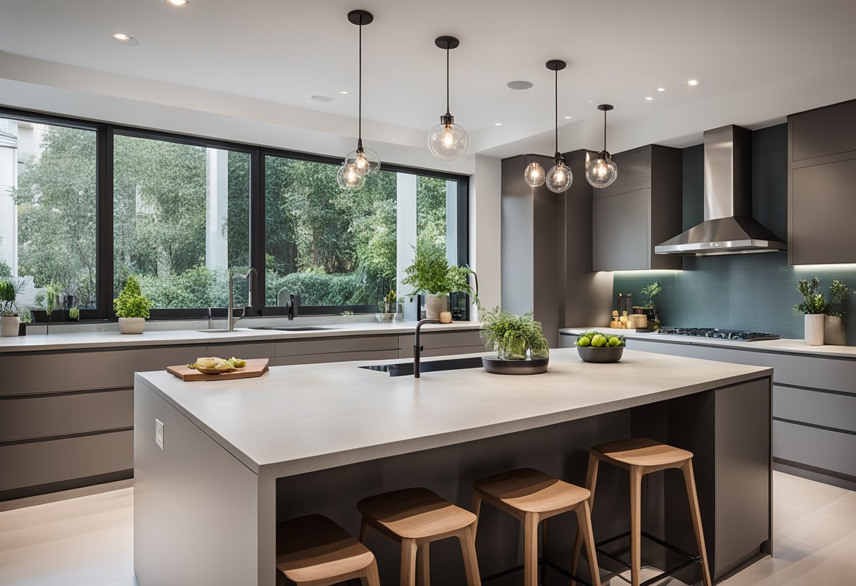 The modern kitchen features clean lines, sleek surfaces, and a minimalist color palette. The open layout allows for seamless flow between cooking, dining, and entertaining areas