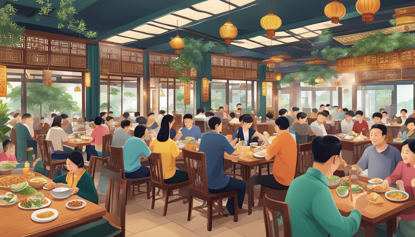 Diners enjoying Teochew cuisine in a bustling restaurant, surrounded by traditional decor and the aroma of flavorful dishes