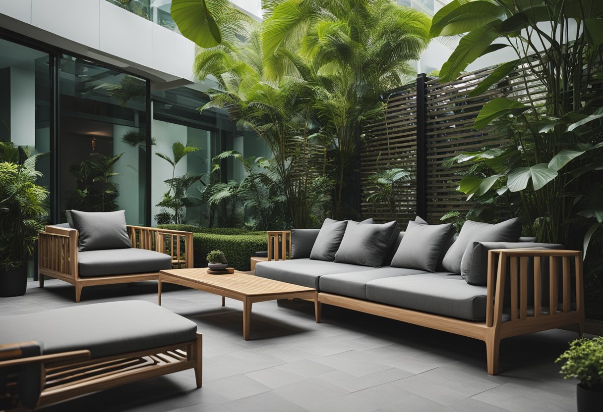 A sleek outdoor sofa set sits on a stylish patio, surrounded by lush greenery and modern architecture in Singapore