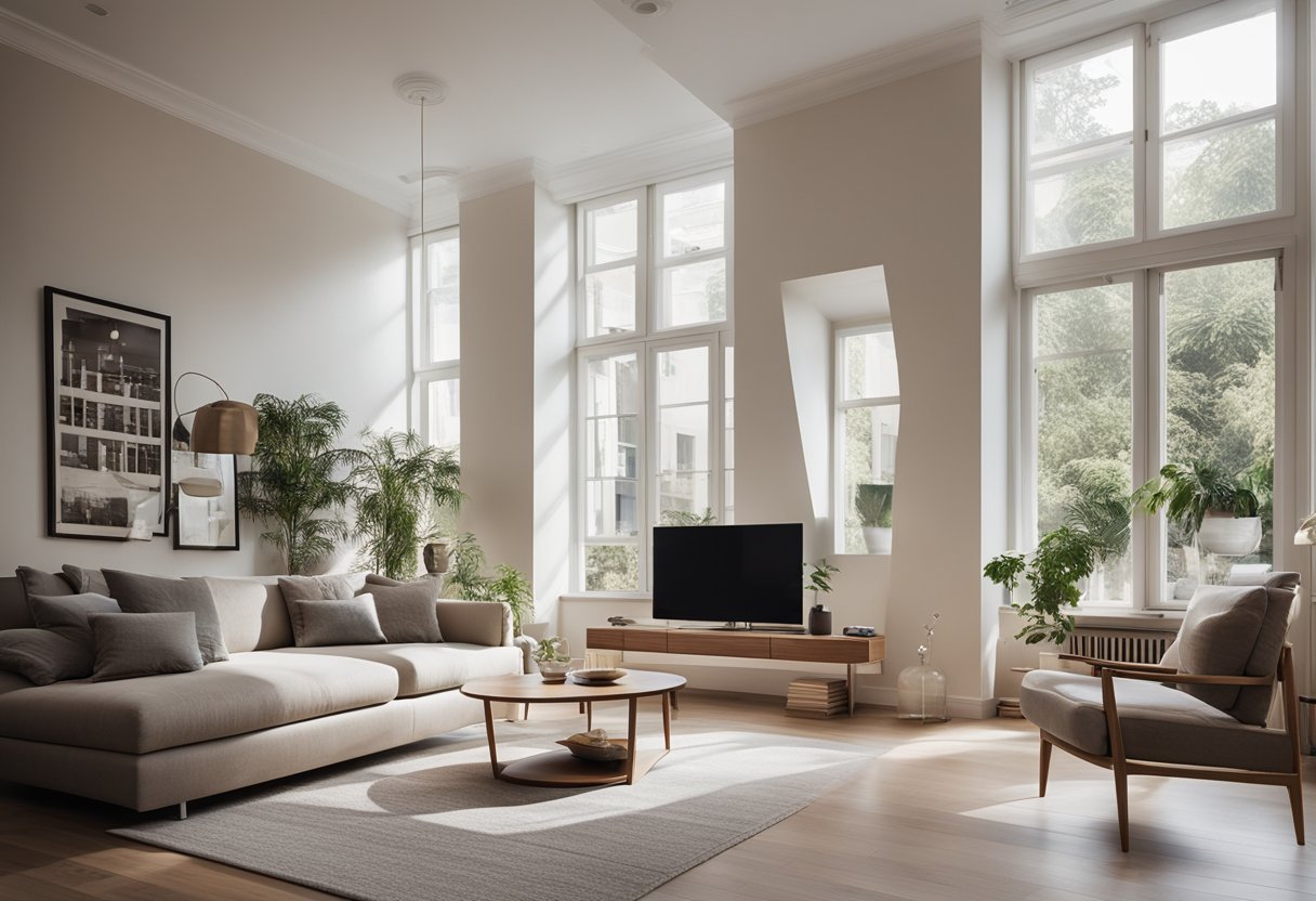 A modern living room with minimal furniture, large windows, and light-colored walls to create the illusion of space in a small house