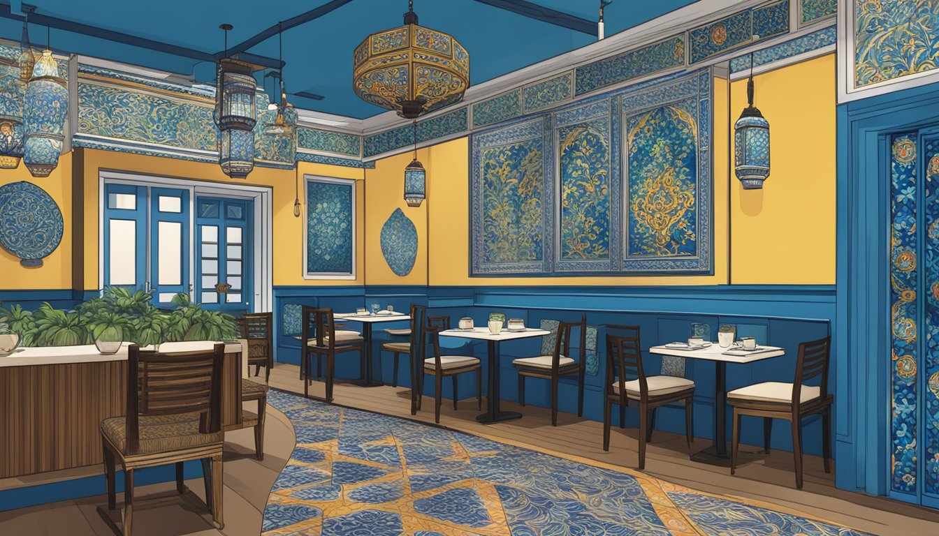 Blue Ginger Restaurant, Singapore: A vibrant interior with Peranakan-inspired decor, featuring intricate ceramic tiles, wooden furniture, and colorful batik patterns