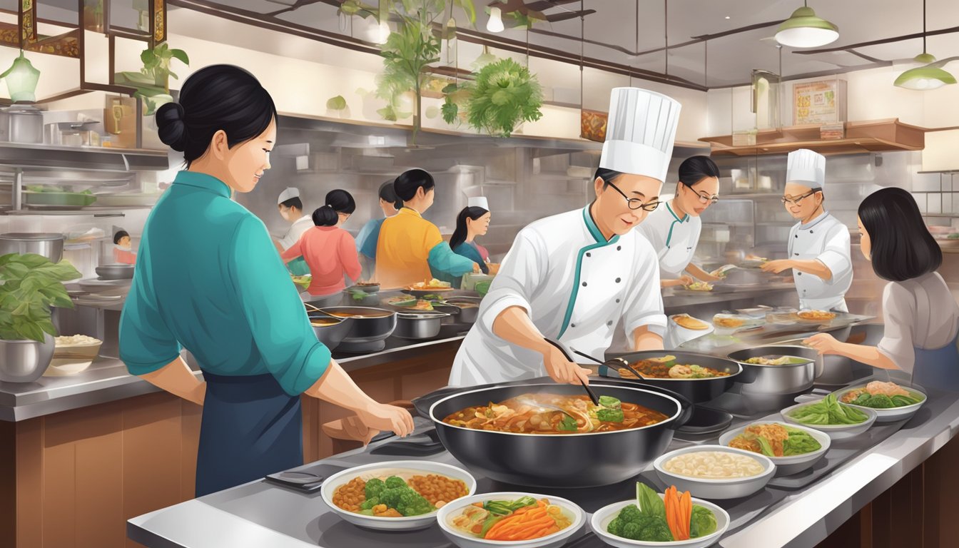 A bustling teochew cuisine restaurant with diners enjoying traditional dishes and vibrant decor. A chef skillfully prepares a signature dish in the open kitchen