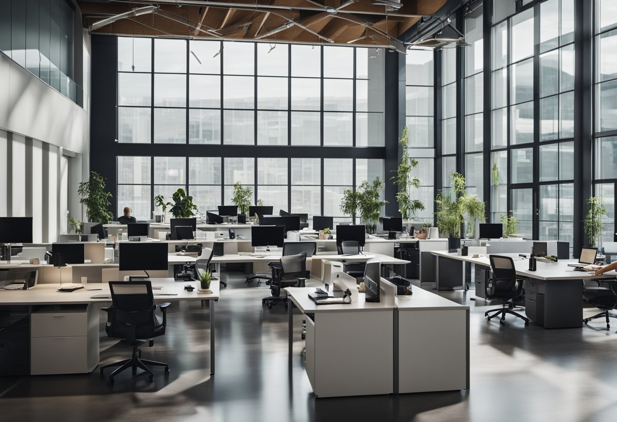 A bustling office with modern furniture, open floor plan, and natural lighting. Employees collaborate in designated workspaces while others engage in meetings in sleek, glass-walled conference rooms