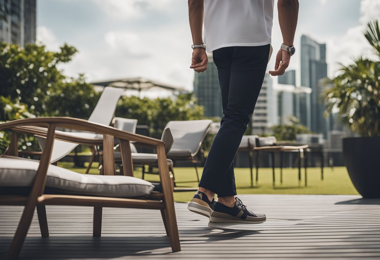 A person is carefully choosing durable and comfortable materials for modern outdoor furniture in Singapore. The designs are sleek and stylish, with a focus on functionality and longevity