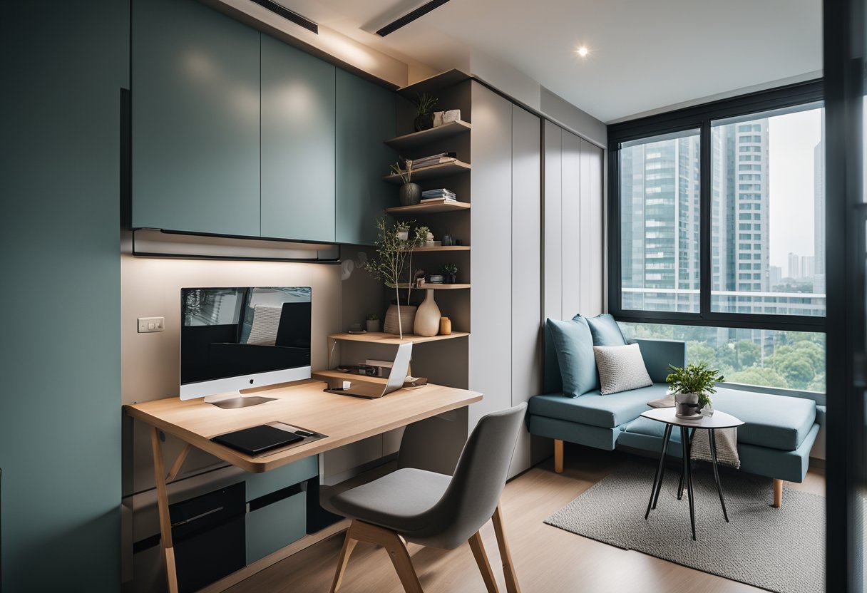 A small, modern apartment in Singapore showcases a variety of foldable furniture pieces, including a space-saving dining table, a wall-mounted desk, and a convertible sofa bed. The furniture is sleek, practical, and effortlessly transforms the space into a versatile living