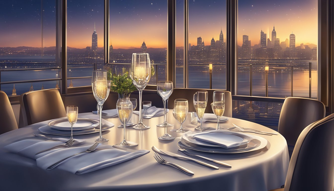 A beautifully set table with elegant silverware and sparkling glassware, surrounded by soft candlelight and a view of the city skyline through the restaurant's floor-to-ceiling windows