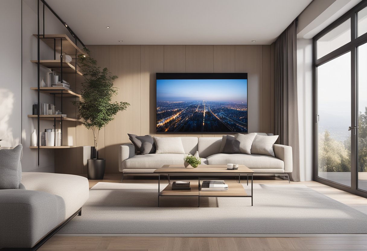 A cozy, minimalist living room with a sleek sofa, a small coffee table, and a wall-mounted TV. The room is bright with natural light and features a mix of neutral colors and modern decor