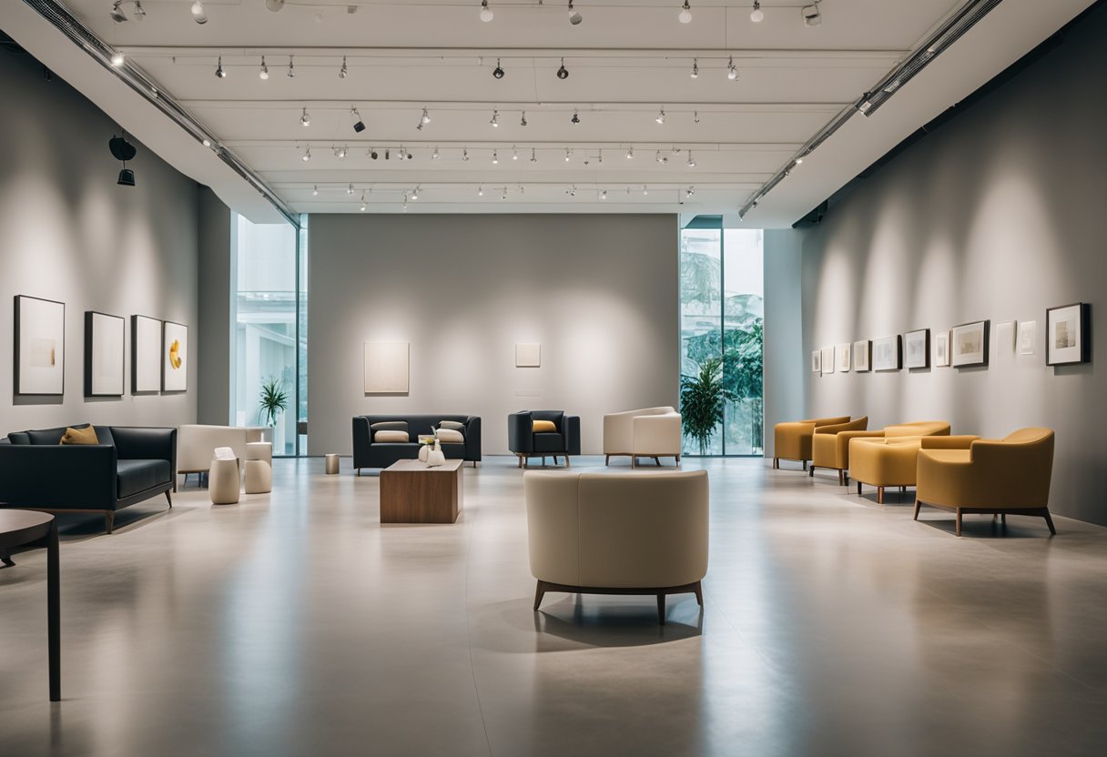 A modern, minimalist art gallery in Singapore showcases sleek, contemporary furniture pieces arranged in a spacious, well-lit room