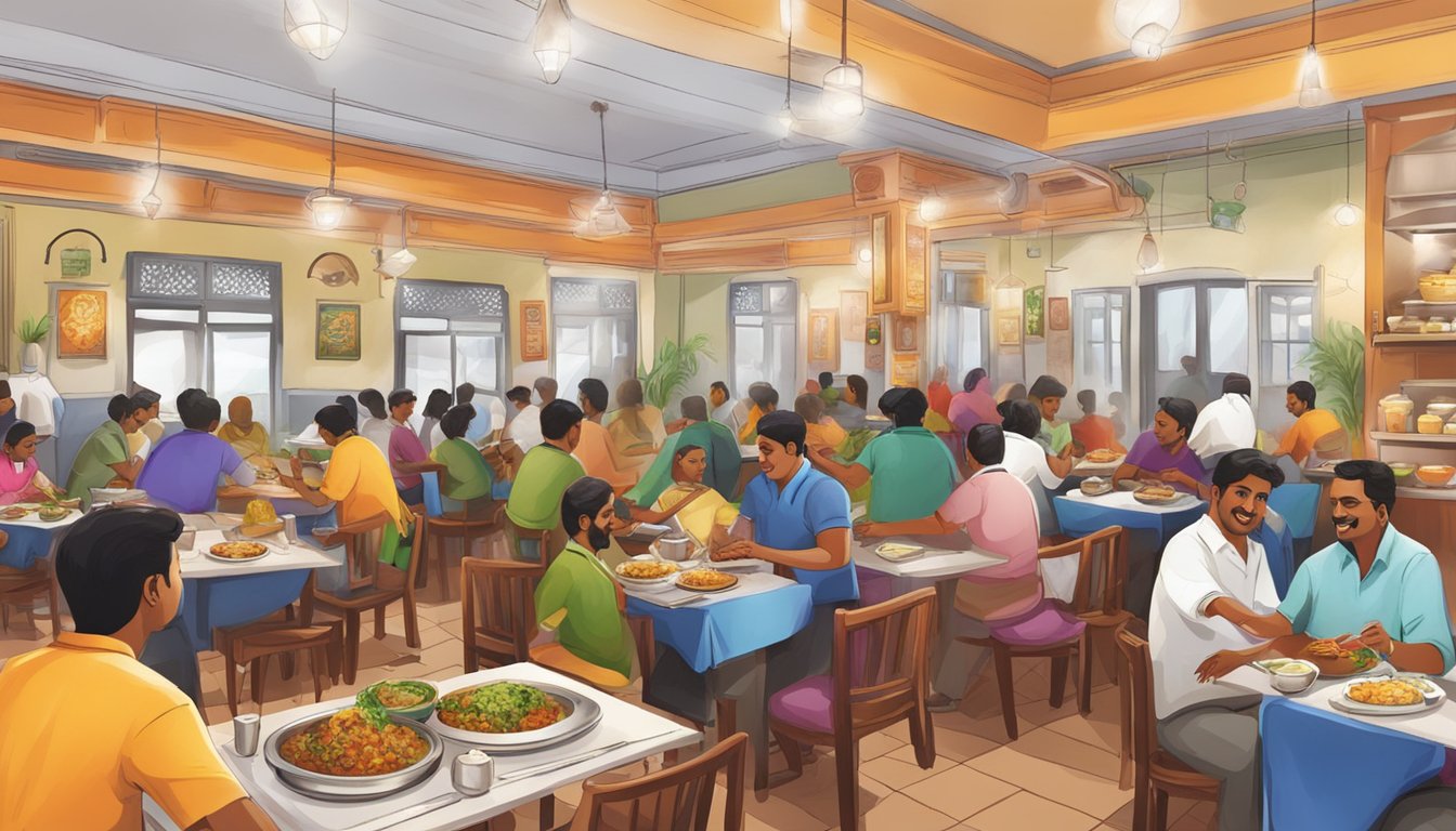 A bustling udipi restaurant with colorful decor, aromatic spices, and steaming plates of South Indian cuisine being served to eager patrons