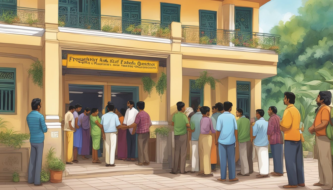 Customers lining up at the entrance of Udipi Ganesh Vilas restaurant, with a sign displaying "Frequently Asked Questions" prominently