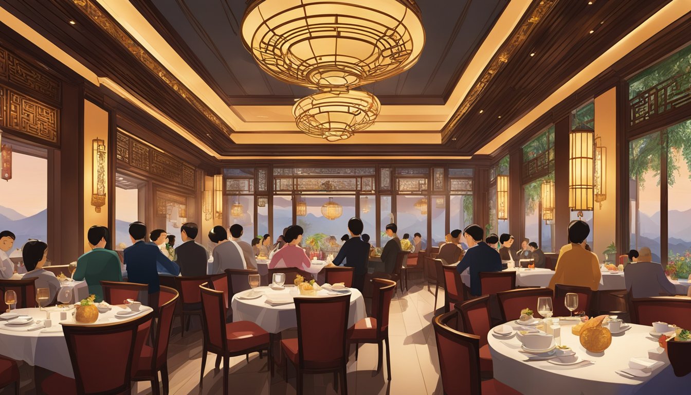 The Yan Palace restaurant bustles with diners enjoying traditional Chinese cuisine amidst elegant decor and ambient lighting