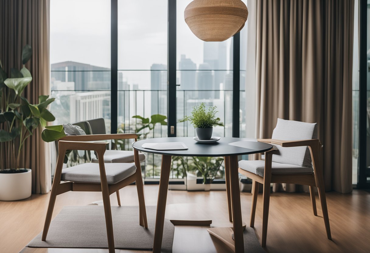 A foldable table and chairs in a modern Singaporean home, with a stack of neatly folded linens nearby