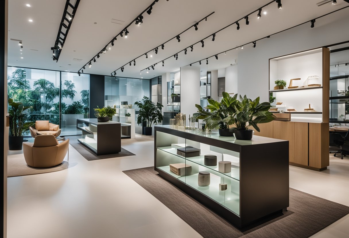 A modern, minimalist furniture showroom in Singapore, with sleek, art-inspired pieces and a clean, organized display