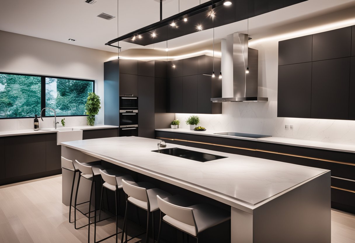 A modern kitchen with sleek cabinets and a large island. Bright lighting and a clean, minimalist design