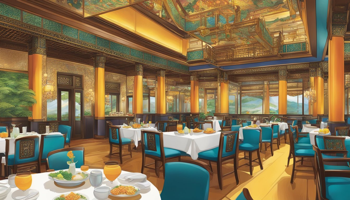 The bustling Yan Palace Restaurant, with its ornate decor and savory aromas, welcomes guests into a vibrant, lively dining atmosphere