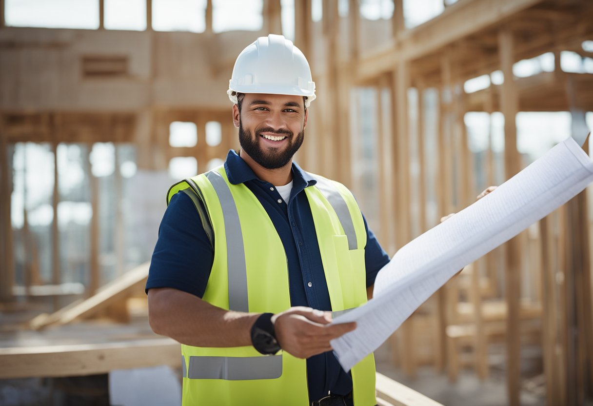 A home renovation project manager oversees workers, blueprints, and materials at a construction site