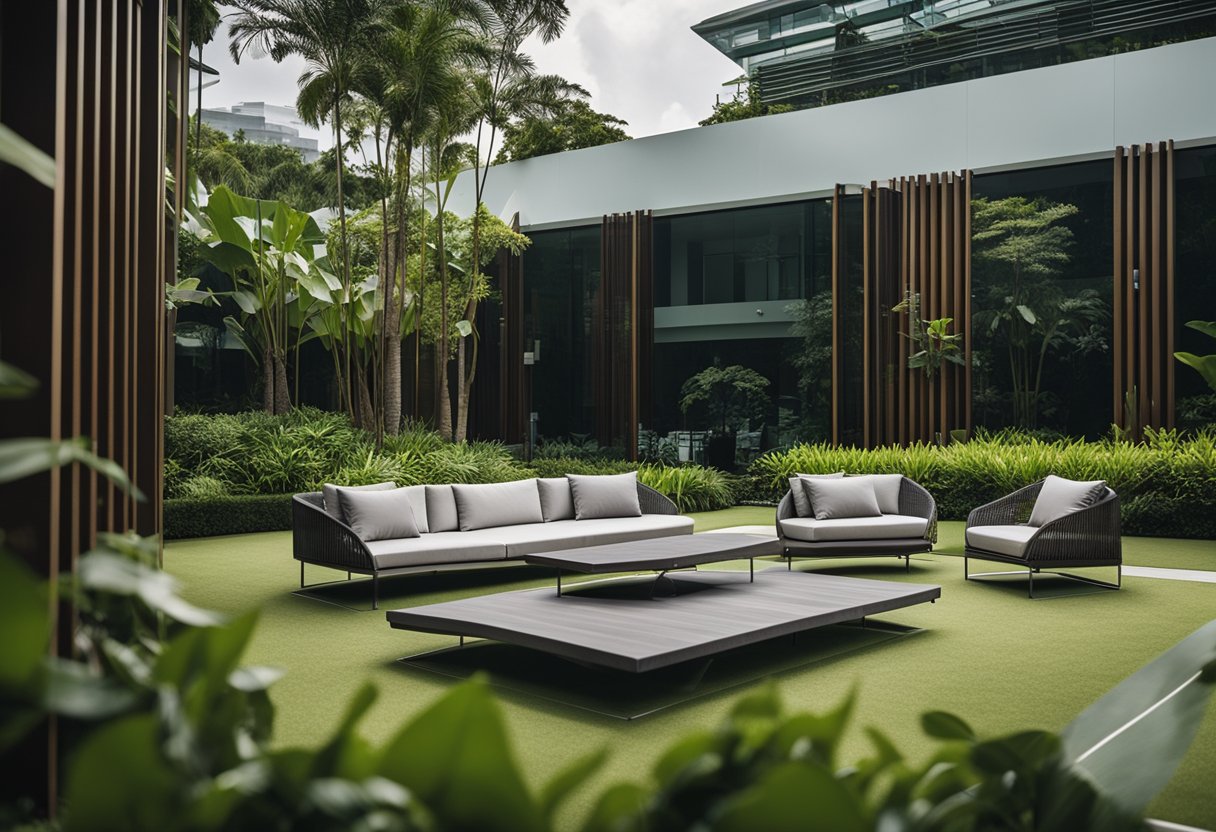 A modern outdoor furniture display in Singapore, with sleek designs and comfortable seating arrangements, set against a backdrop of lush greenery and contemporary architecture