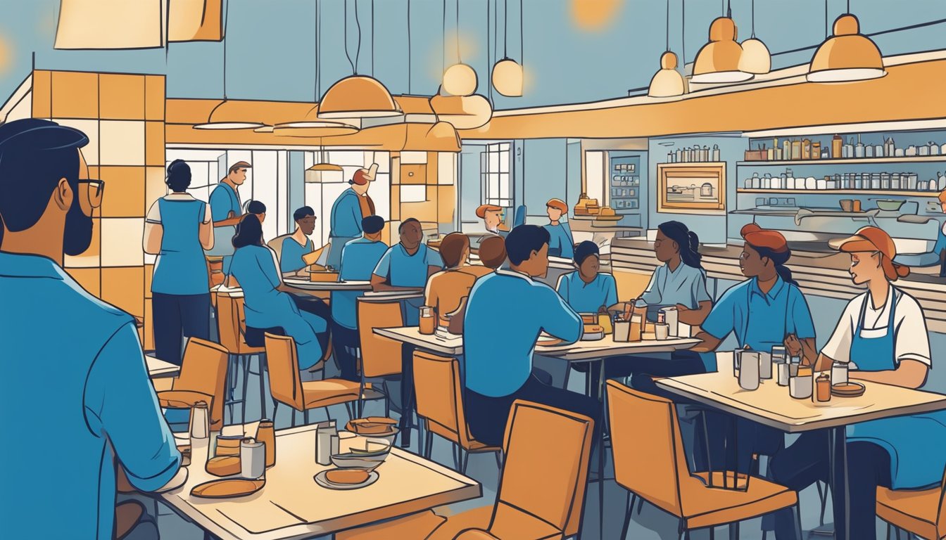 A busy restaurant with a vibrant blue and ginger color scheme, customers dining and staff moving around