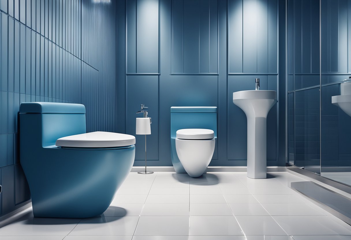 A sleek blue toilet with modern design, surrounded by clean white tiles and soft lighting