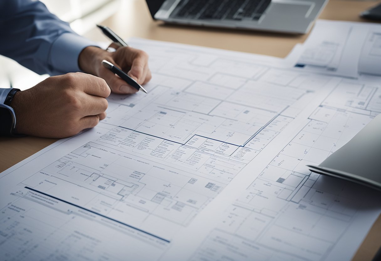 A project manager coordinates renovation plans with contractors and reviews blueprints and schedules