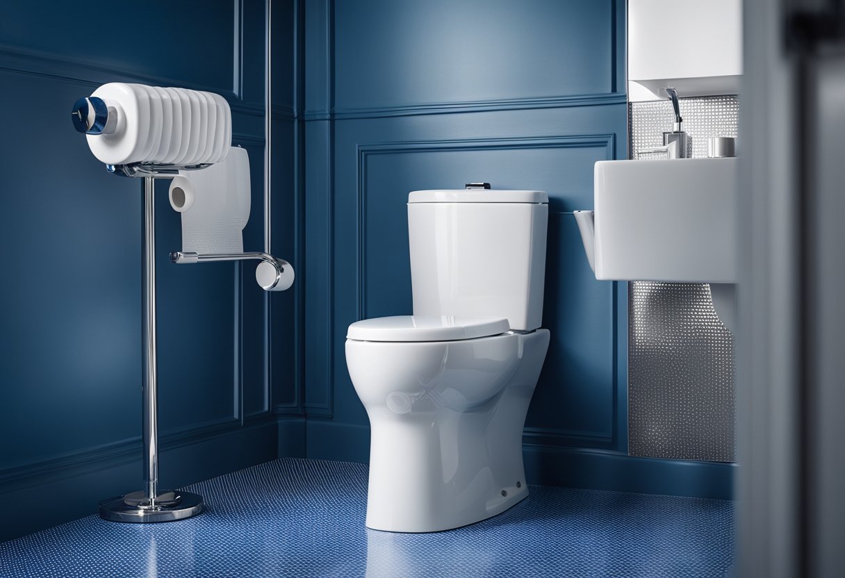 A modern blue toilet sits in a sleek bathroom with white and silver accents