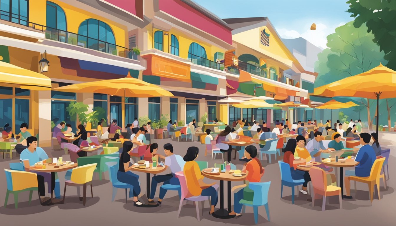 The bustling Wisma Atria restaurants feature vibrant outdoor seating and a variety of cuisines, with colorful signage and bustling crowds adding to the lively atmosphere