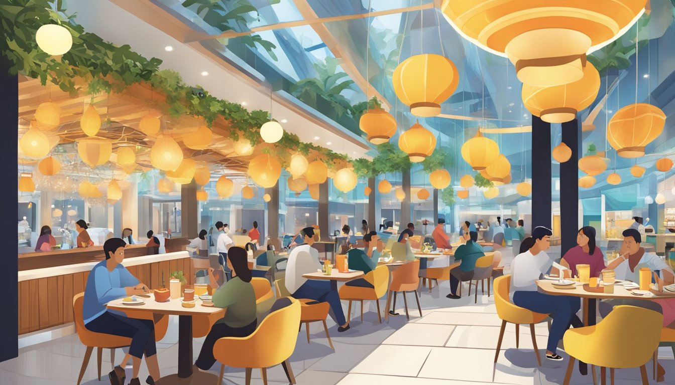 A bustling food court with diverse cuisines and vibrant decor at Wisma Atria. Patrons enjoy their meals at colorful tables under the glow of hanging lights
