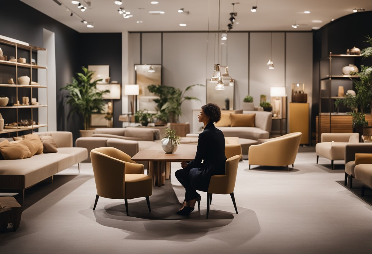 A person carefully choosing high-quality furniture in a well-lit showroom. Various elegant pieces are displayed, creating a sophisticated and inviting atmosphere