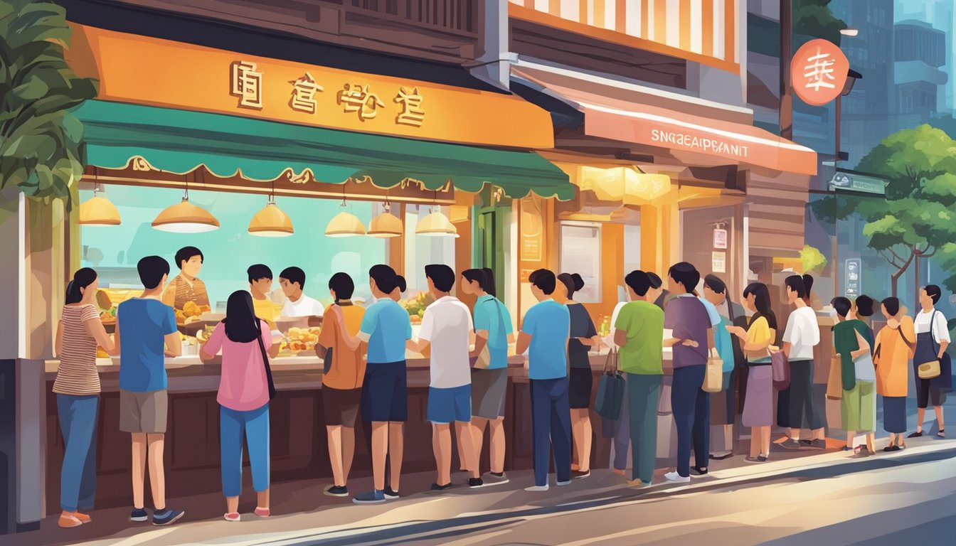 Customers line up outside Bugis Restaurant, eagerly waiting to satisfy their cravings for authentic Singaporean cuisine. The vibrant sign and bustling atmosphere create a lively and inviting scene
