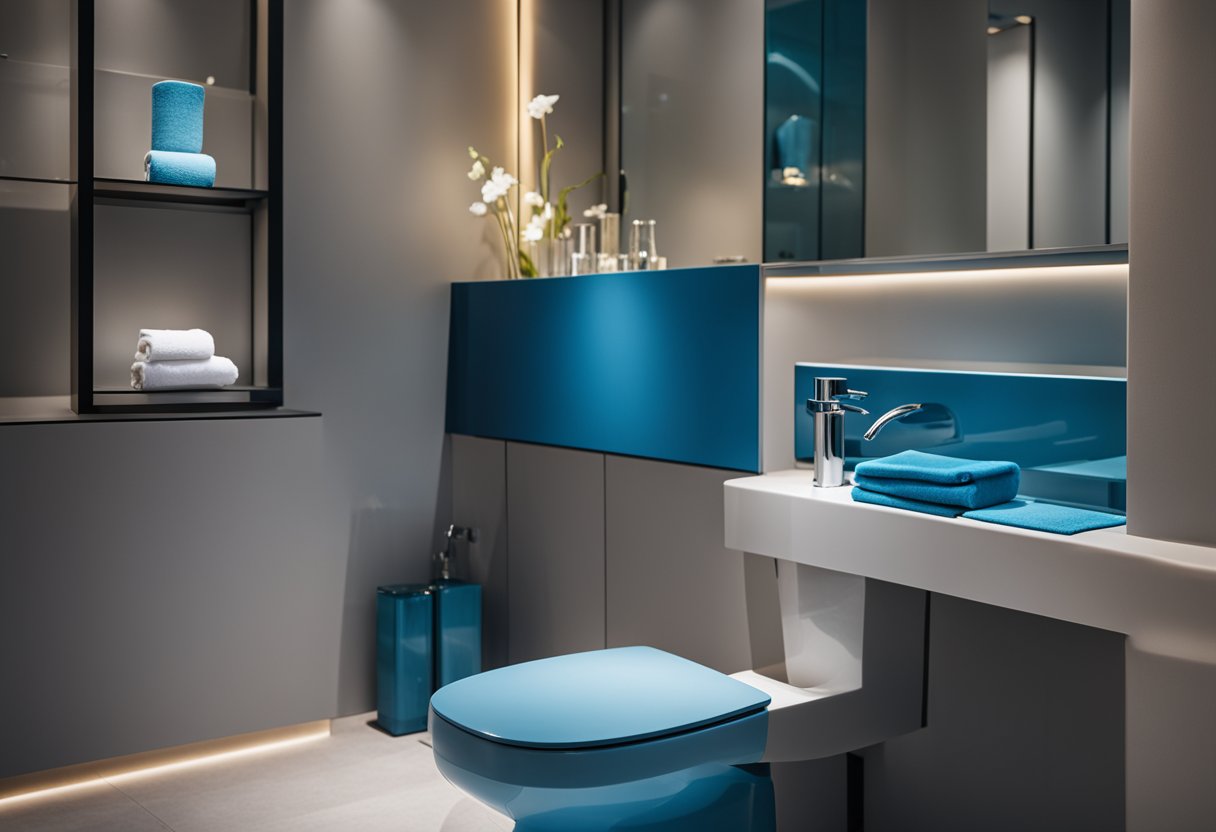 A blue toilet with sleek accessories and accent lighting