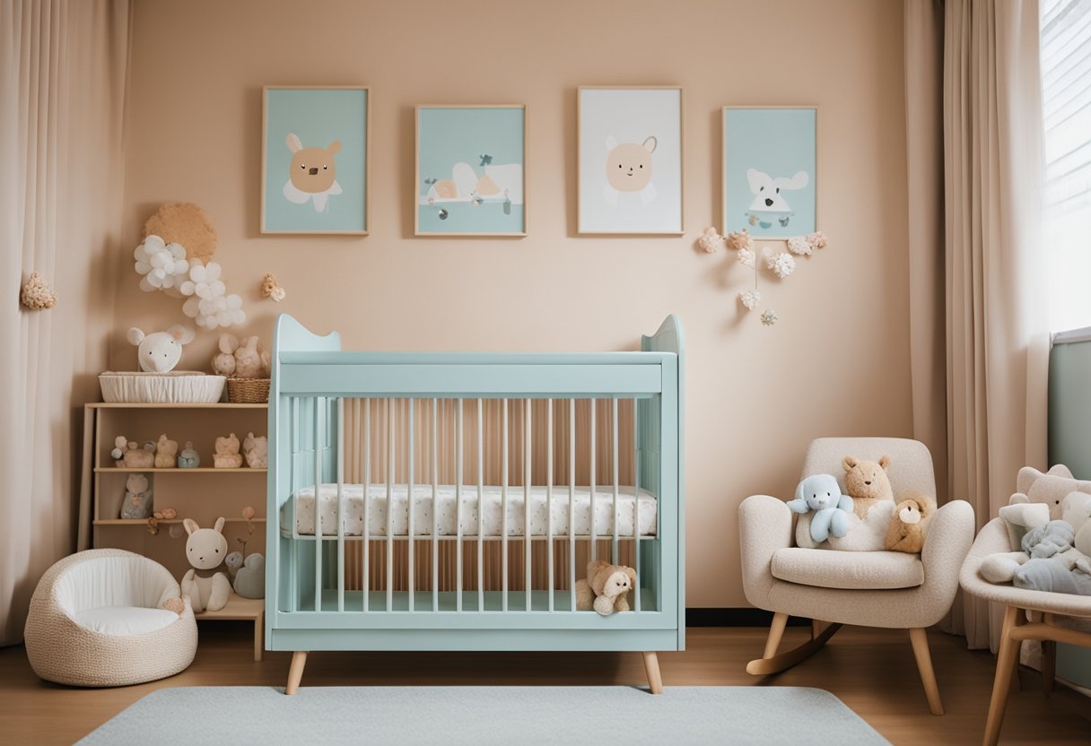 A cozy baby nursery in Singapore with a crib, changing table, and rocking chair, adorned with soft pastel colors and adorable animal-themed decor