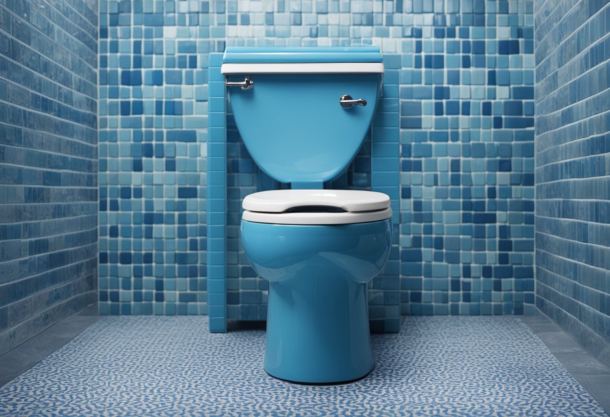 A blue toilet with "Frequently Asked Questions" pattern on the seat and lid, surrounded by tiled flooring and a white wall
