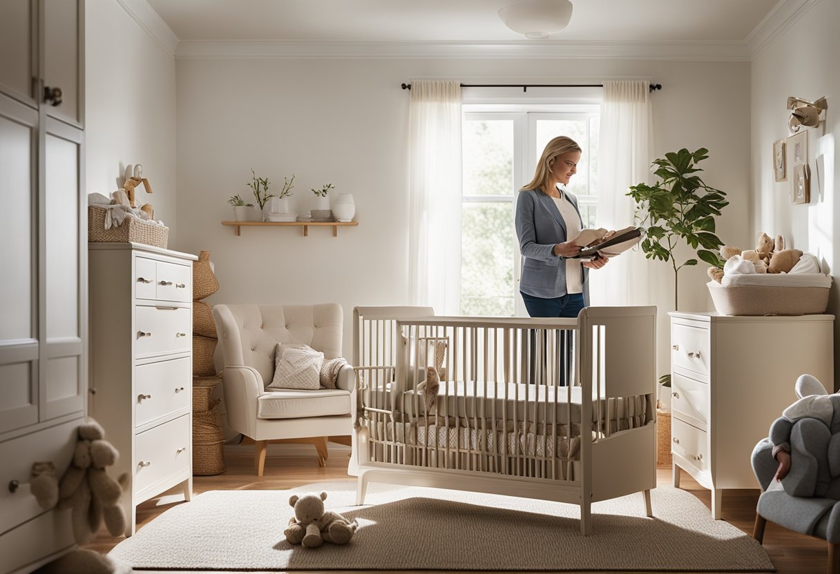 A parent carefully chooses nursery furniture, arranging a crib, changing table, and rocking chair in a cozy, sunlit room