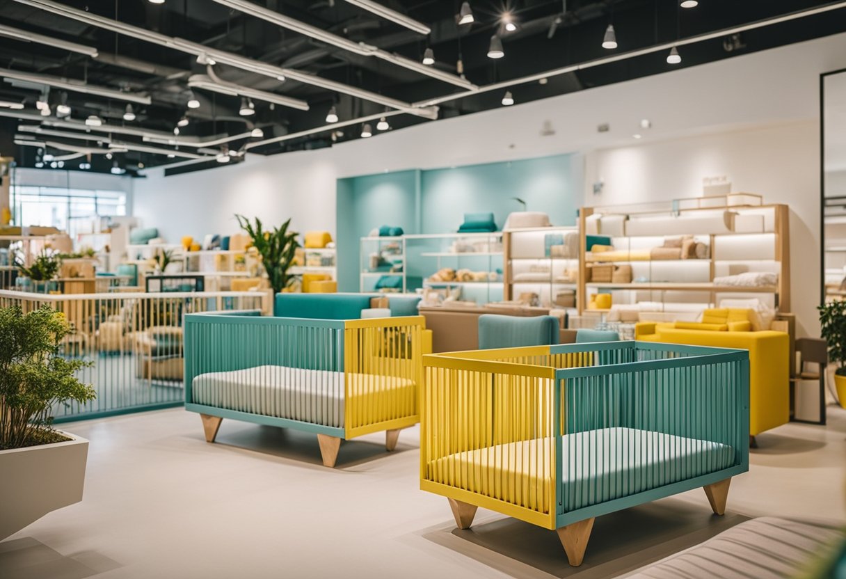 A couple browses modern nursery furniture in a bright, spacious showroom in Singapore. Colorful cribs, changing tables, and rocking chairs are on display