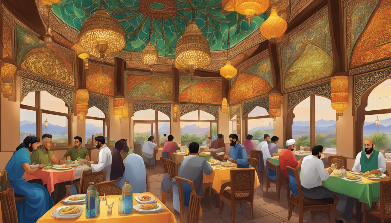 The Al Sahira restaurant is bustling with customers enjoying their meals. The aroma of spices and sizzling dishes fills the air, while colorful tapestries and ornate lanterns adorn the walls, creating a vibrant and inviting atmosphere