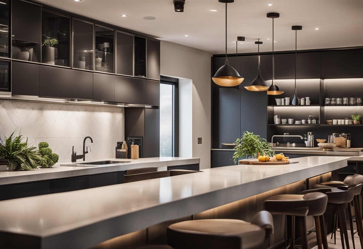 An open kitchen with sleek breakfast counter designs and modern appliances