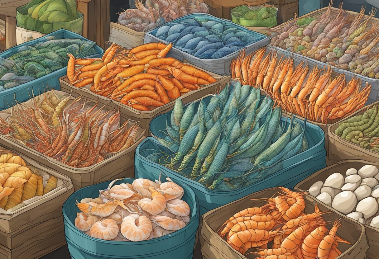 A bustling market stall displays various live prawn varieties in Singapore, with vibrant colors and intricate patterns on the shells