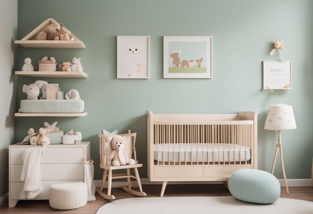 A cozy nursery with a crib, changing table, and rocking chair. Soft pastel colors and cute animal-themed decor. Shelves filled with baby essentials