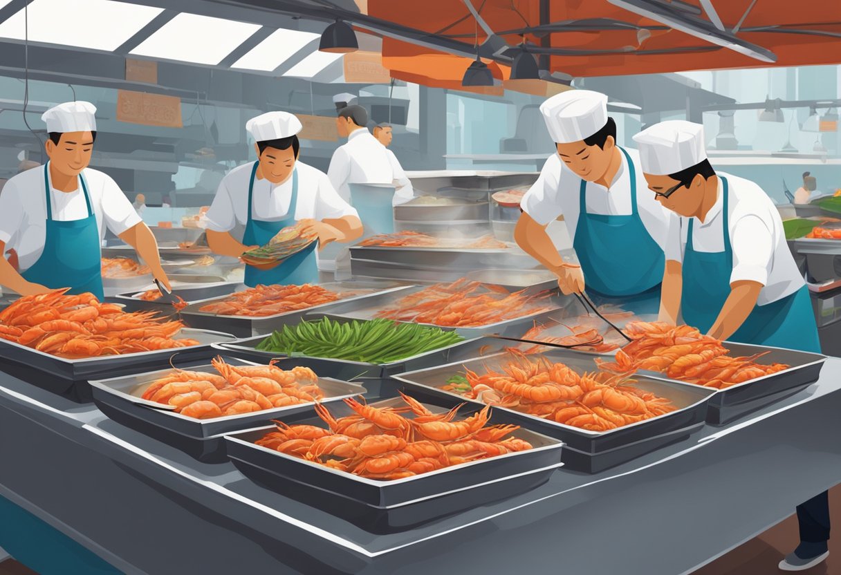 A bustling seafood market in Singapore showcases tanks of live prawns. A chef expertly prepares them in a sizzling wok with aromatic spices