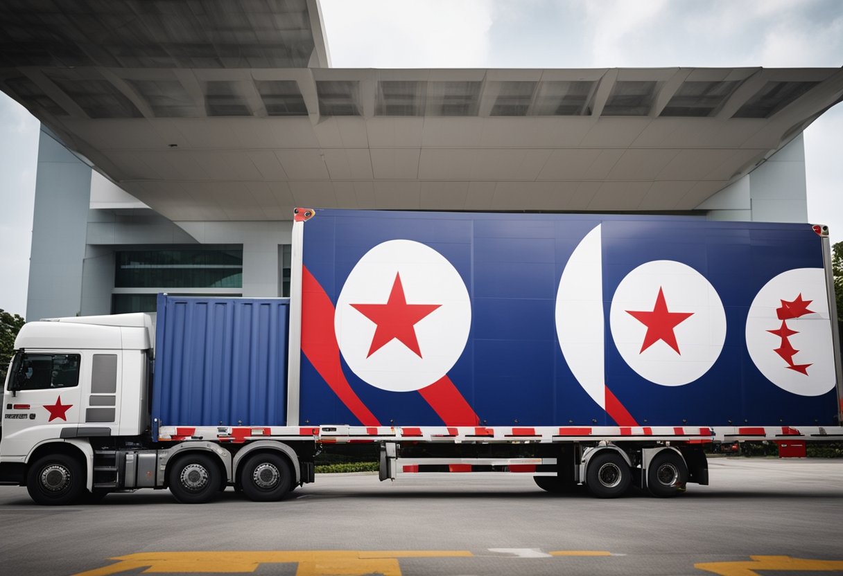 Furniture being loaded onto a truck with Singapore and Malaysia flags in the background