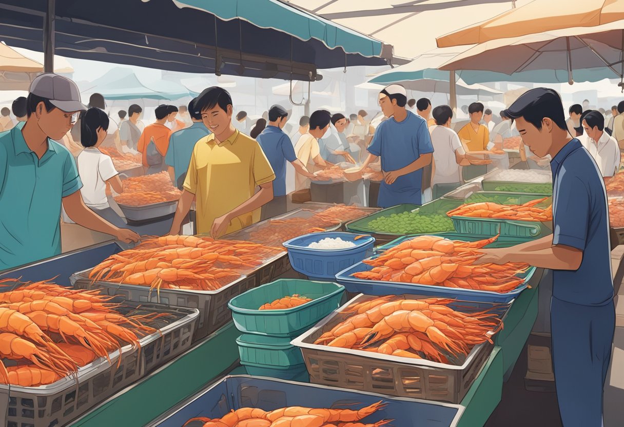 A tank of live prawns in a bustling Singapore market, with customers and vendors interacting in the background