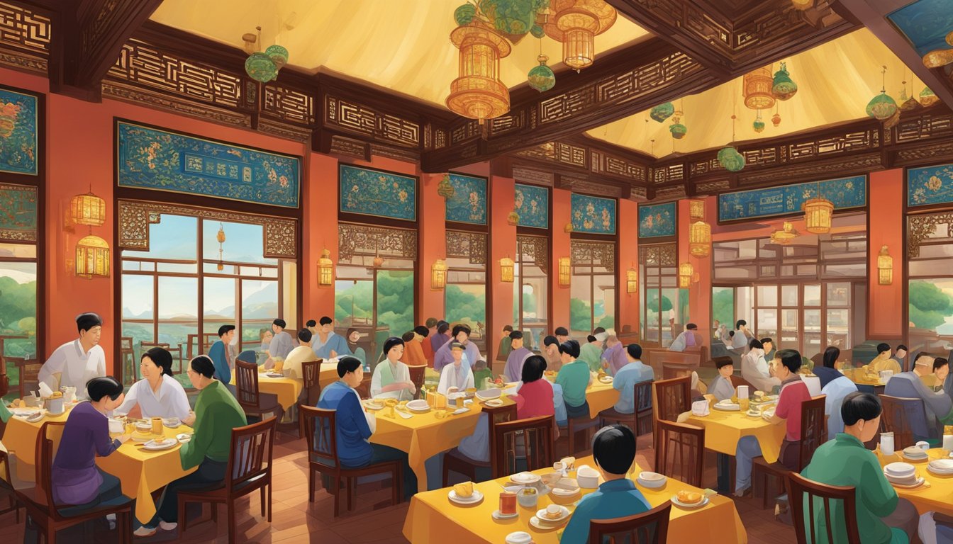 The Bee Heong Palace restaurant is bustling with diners enjoying traditional Chinese cuisine in a vibrant and ornately decorated dining room